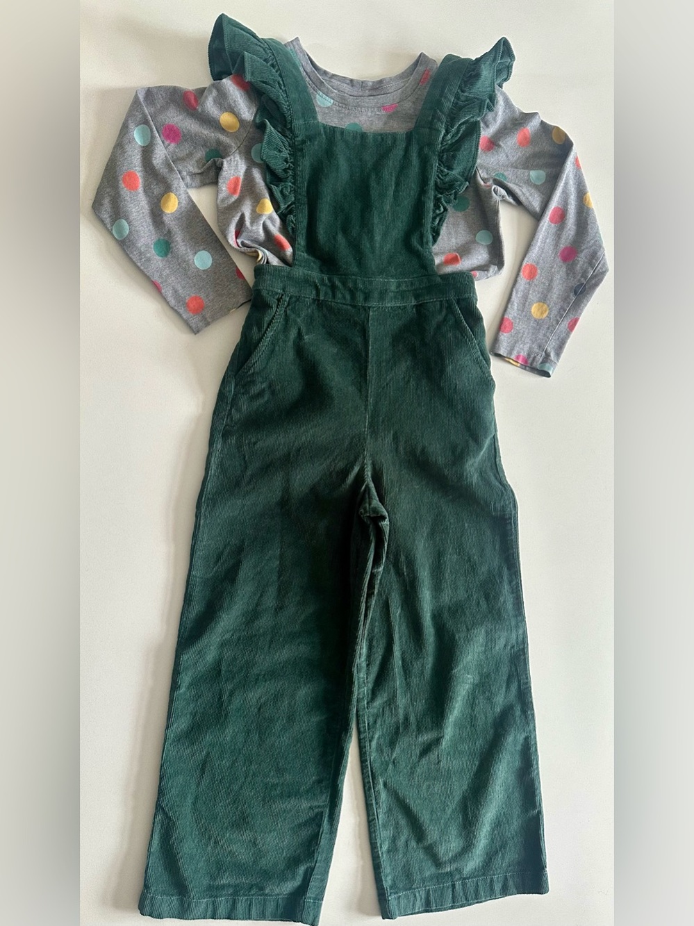 Hanna Andersson Stretch Corduroy Ruffle Overalls with Polka Dot Shirt - Size 6/8